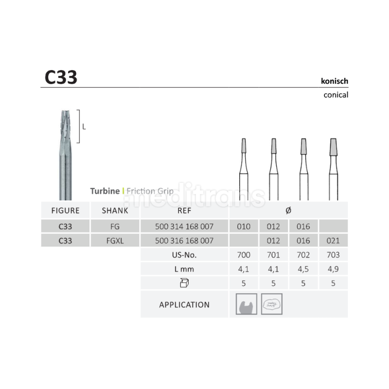 Jota Cone Fissur Burs - Stożek 4.5 mm węglik spiekany 5szt.