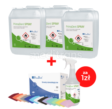 3 x PrimaDent Spray (5 litrów) + PrimaDent Spray (1 litr) oraz 1 x białe serwety PrimaDent (500 sztuk) – za 1 zł