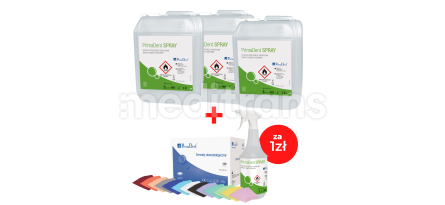 3 x PrimaDent Spray (5 litrów) + PrimaDent Spray (1 litr) oraz 1 x białe serwety PrimaDent (500 sztuk) – za 1 zł